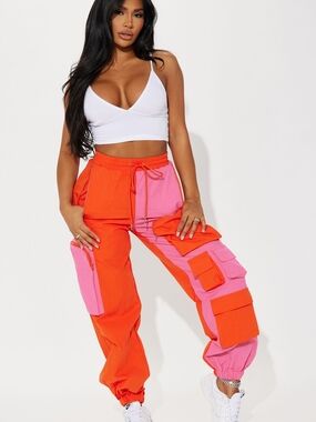 Fashion Nova Orange & Pink Colorblock Cargo Joggers Medium